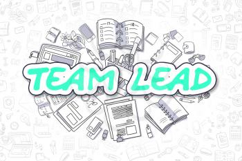 Cartoon Illustration of Team Lead, Surrounded by Stationery. Business Concept for Web Banners, Printed Materials. 