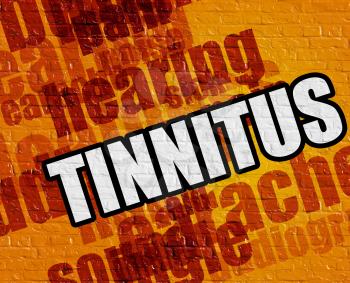 Healthcare concept: Yellow Wall with Tinnitus on it . Tinnitus - on the Brickwall with Wordcloud Around . 