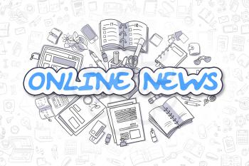 Online News - Sketch Business Illustration. Blue Hand Drawn Word Online News Surrounded by Stationery. Doodle Design Elements. 