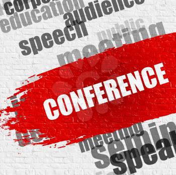 Education Service Concept: Conference - on Brick Wall with Word Cloud Around. Modern Illustration. Conference Modern Style Illustration on Red Grunge Paint Stripe. 