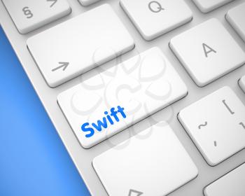 Online Service Concept: Swift on Metallic Keyboard Background. White Keyboard Keypad Showing the Inscription Swift. Message on Keyboard White Keypad. 3D.