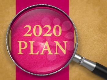 2020 Plan Concept through Magnifier on Old Paper with Lilac Vertical Line Background. 3D Render.