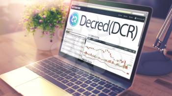 Website of a Cryptocurrency Market with Dynamics of the Cost Change of Decred - DCR on Ultrabook Screen. Toned, Selective Focus. 3D .