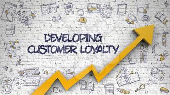 Developing Customer Loyalty - Modern Line Style Illustration with Hand Drawn Elements. White Brickwall with Developing Customer Loyalty Inscription and Orange Arrow. Business Concept. 3d.