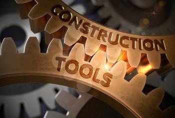 Construction Toolson Golden Metallic Cog Gears. Construction Tools - Technical Design. 3D Rendering.