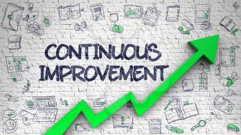 Continuous Improvement Drawn on White Wall. Illustration with Hand Drawn Icons. White Brick Wall with Continuous Improvement Inscription and Green Arrow. Increase Concept. 