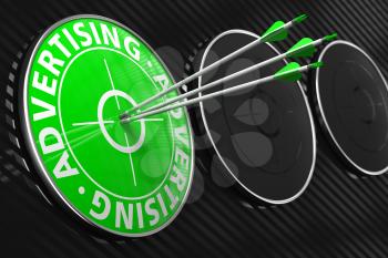 Advertising Concept. Three Arrows Hitting the Center of Green Target on Black Background.