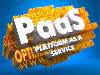 PAAS - Platform-as-a-Service - on  Yellow WordCloud on Blue Background.