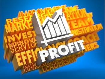Profit with Growth Chart Icon on Yellow WordCloud on Blue Background.