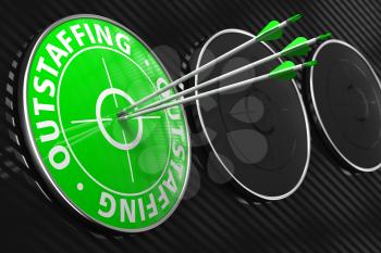 Outstaffing Concept. Three Arrows Hitting the Center of Green Target on Black Background.