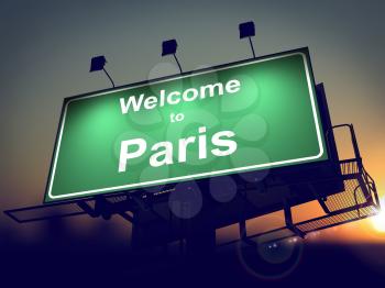Welcome to Paris - Green Billboard on the Rising Sun Background.