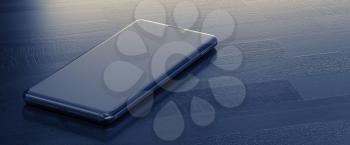 A Smartphone on Wooden Table. Close Up. Top Down View. 3D Render.