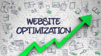 Website Optimization - Modern Illustration with Doodle Elements. Website Optimization Inscription on Line Style Illustation. with Green Arrow and Doodle Icons Around. 3d