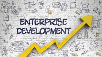 Enterprise Development - Line Style Illustration with Doodle Elements. White Brickwall with Enterprise Development Inscription and Orange Arrow. Business Concept. 3d