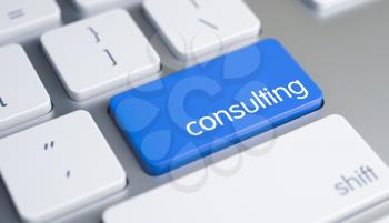 Metallic Keyboard Button Showing the Text Consulting. Message on Blue Keyboard Button. Service Concept: Consulting on the White Keyboard Background. 3D Render.
