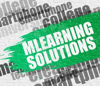 Business Education Concept: Mlearning Solutions - on the Brick Wall with Wordcloud Around. Modern Illustration. Mlearning Solutions. Green Text on the White Brick Wall. 