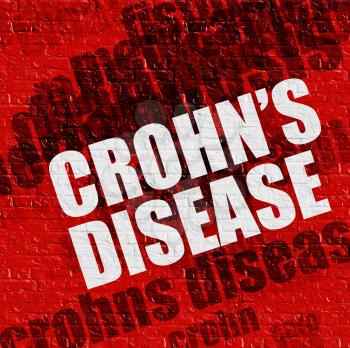 Health concept: Crohns Disease - on the Brick Wall with Word Cloud Around . Crohns Disease on the Red Brick Wall . 