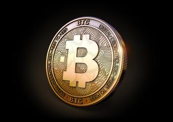Bitcoin BTC - Cryptocurrency Coin on Black Background. 3D rendering