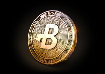 Burstcoin BURST - Cryptocurrency Coin on Black Background. 3D rendering