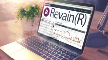 The Dynamics of Cost of Revain - R on the Modern Laptop Screen. Cryptocurrency Concept. Tinted Image with Selective Focus. 3D .