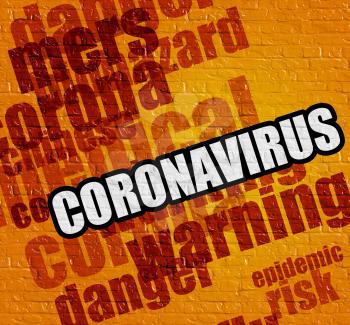 Medicine concept: Coronavirus on Yellow Brick Wall . Coronavirus - on Brickwall with Word Cloud Around .