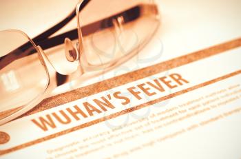 Wuhans Fever - Medical Concept with Blurred Text and Eyeglasses on Red Background. Selective Focus. 3D Rendering.