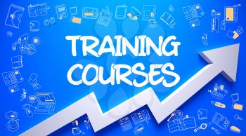 Training Courses - Modern Line Style Illustration with Doodle Design Elements. Azure Wall with Training Courses Inscription and White Arrow. Improvement Concept.