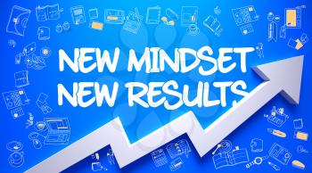 New Mindset New Results Drawn on Blue Wall. Illustration with Doodle Design Icons. New Mindset New Results - Enhancement Concept. Inscription on the Azure Wall with Doodle Icons Around. 