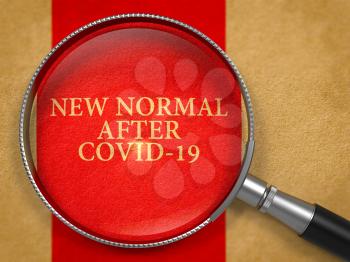 New Normal After Covid-19 through Loupe on Old Paper with Red Vertical Line Background.