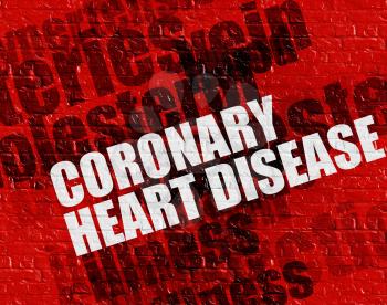 Modern healthcare concept: Coronary Heart Disease - on Wall with Word Cloud Around . Coronary Heart Disease on the Red Brick Wall . 