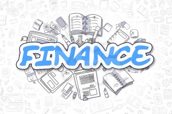 Finance - Hand Drawn Business Illustration with Business Doodles. Blue Word - Finance - Doodle Business Concept. 