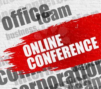 Education Service Concept: Online Conference - on White Brickwall with Word Cloud Around. Modern Illustration. Online Conference Modern Style Illustration on Red Brush Stroke. 