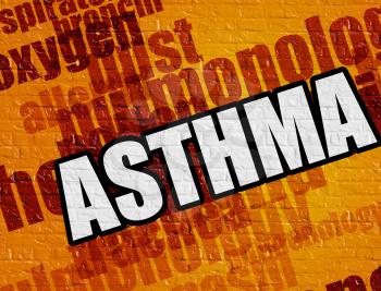 Modern healthcare concept: Asthma on Yellow Brickwall . Asthma - on the Wall with Word Cloud Around . 