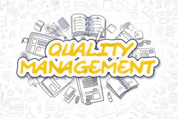 Quality Management - Hand Drawn Business Illustration with Business Doodles. Yellow Word - Quality Management - Cartoon Business Concept. 