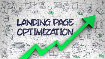 Landing Page Optimization on Modern Illustation. with Green Arrow and Hand Drawn Icons Around. Landing Page Optimization Drawn on White Brick Wall. Illustration with Doodle Design Icons. 3D.