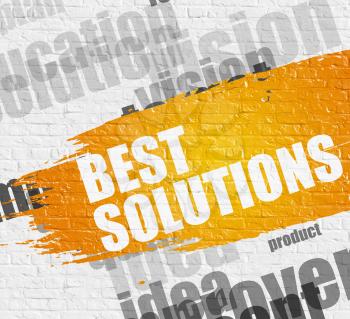 Education Service Concept: Best Solutions. Yellow Text on Brickwall. Best Solutions - on the White Brickwall with Word Cloud Around. Modern Illustration. 