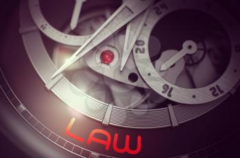 Fashion Wristwatch Machinery Macro Detail with Inscription Law. Law on the Automatic Wristwatch, Chronograph Up Close. Business and Work Concept with Glowing Light Effect. 3D Rendering.