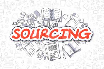 Sourcing - Sketch Business Illustration. Red Hand Drawn Word Sourcing Surrounded by Stationery. Cartoon Design Elements. 