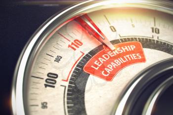 Leadership Capabilities Rate Conceptual Speed Meter with Message on Red Label. Business Concept. 3D.