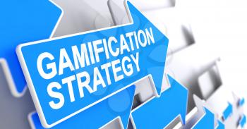 Gamification Strategy - Blue Arrow with a Inscription Indicates the Direction of Movement. Gamification Strategy, Text on Blue Arrow. 3D Render.