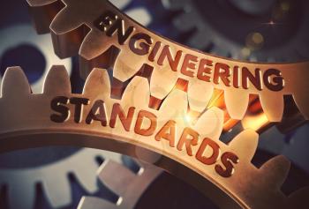 Engineering Standards on Mechanism of Golden Metallic Gears. Engineering Standards - Industrial Design. 3D Rendering.