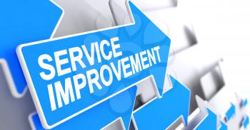 Service Improvement - Blue Pointer with a Message Indicates the Direction of Movement. Service Improvement, Message on the Blue Pointer. 3D Illustration.