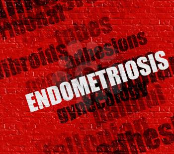 Modern medical concept: Red Wall with Endometriosis on the it . Endometriosis - on Brickwall with Word Cloud Around . 