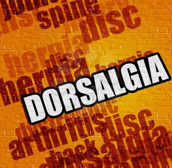 Health concept: Dorsalgia - on Brick Wall with Word Cloud Around . Yellow Brick Wall with Dorsalgia on the it . 