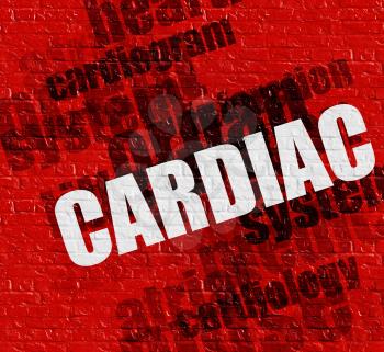 Healthcare concept: Red Brickwall with Cardiac on the it . Cardiac - on the Brickwall with Word Cloud Around . 