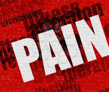 Modern medicine concept: Red Brick Wall with Pain on it . Pain - on Brickwall with Wordcloud Around . 