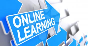 Online Learning, Message on the Blue Arrow. Online Learning - Blue Cursor with a Text Indicates the Direction of Movement. 3D.