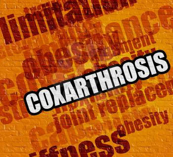 Modern health concept: Coxarthrosis - on the Brickwall with Wordcloud Around . Yellow Brickwall with Coxarthrosis on it . 