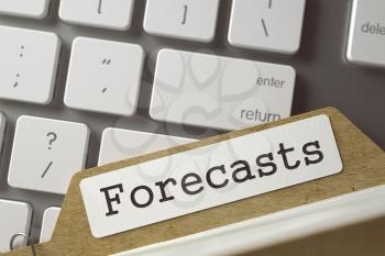 Forecasts Concept. Word on Folder Register of Card Index. Index Card Lays on Modern Laptop Keyboard. Closeup View. Selective Focus. Toned Illustration. 3D Rendering.