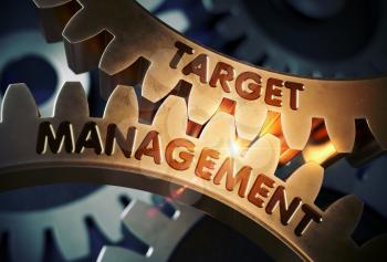 Target Management - Industrial Illustration with Glow Effect and Lens Flare. Target Management on the Mechanism of Golden Gears with Glow Effect. 3D Rendering.